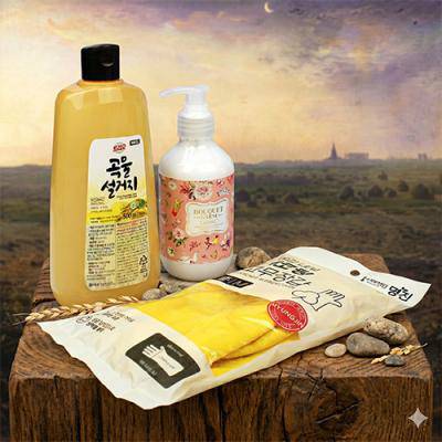 트리오 곡물설거지 주방세제 500g 부케가르니 핸드크림 280ml 면코팅 고무장갑 3종세트