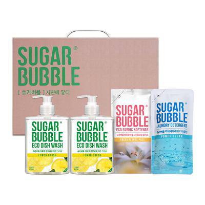 슈가버블 친환경 4종세트 / 친환경 레몬크러쉬 주방세제 470ml 2개, 파워클린 액체세탁세제 300ml 1개, 그린플로랄 플러스 섬유유연제 300ml 1개